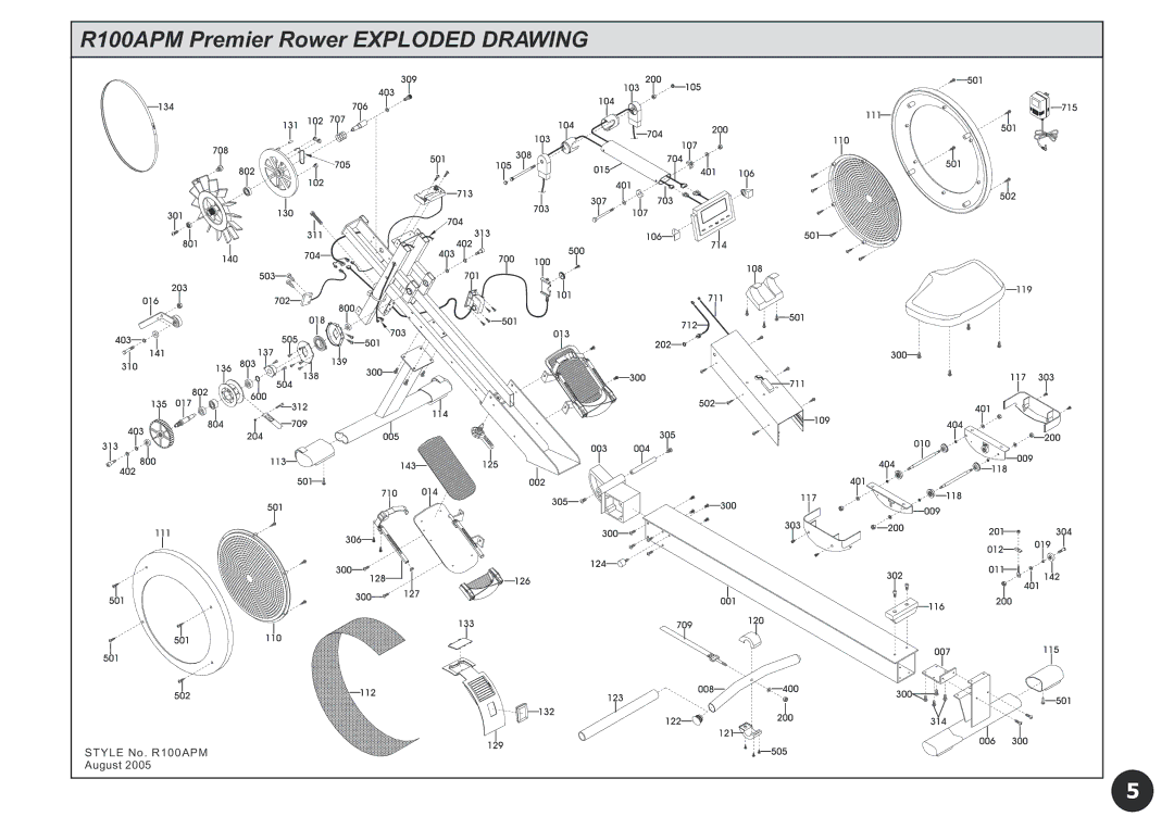 LifeCore Fitness LC-R100 manual R100APM Premier Rower Exploded Drawing 