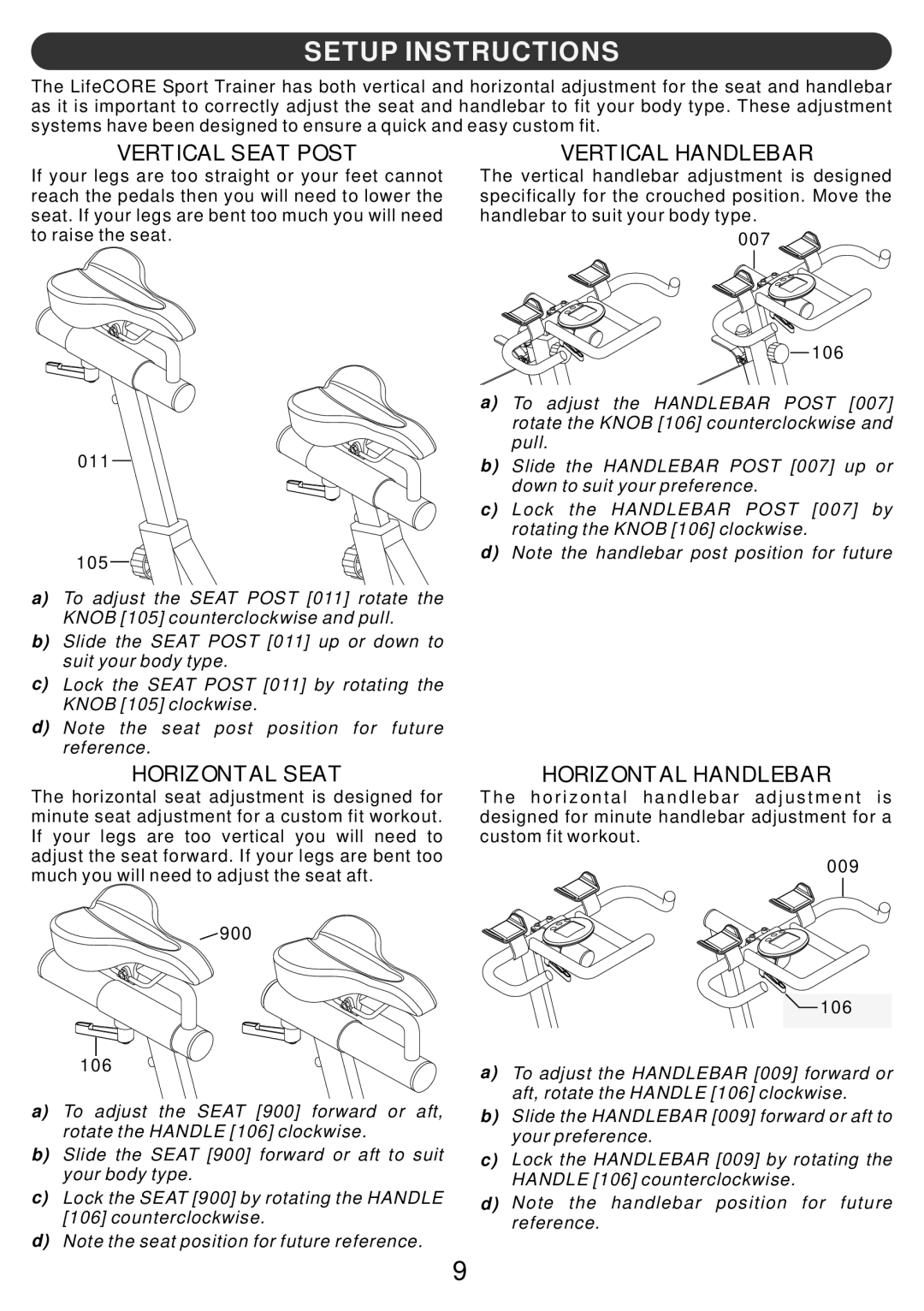 LifeCore Fitness LC-ST Setup Instructions, Vertical Seat Post, Vertical Handlebar, Horizontal Seat, Horizontal Handlebar 