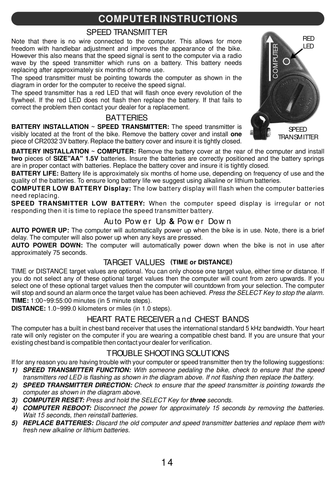 LifeCore Fitness LC-ST manual Speed Transmitter, Batteries, Trouble Shooting Solutions 