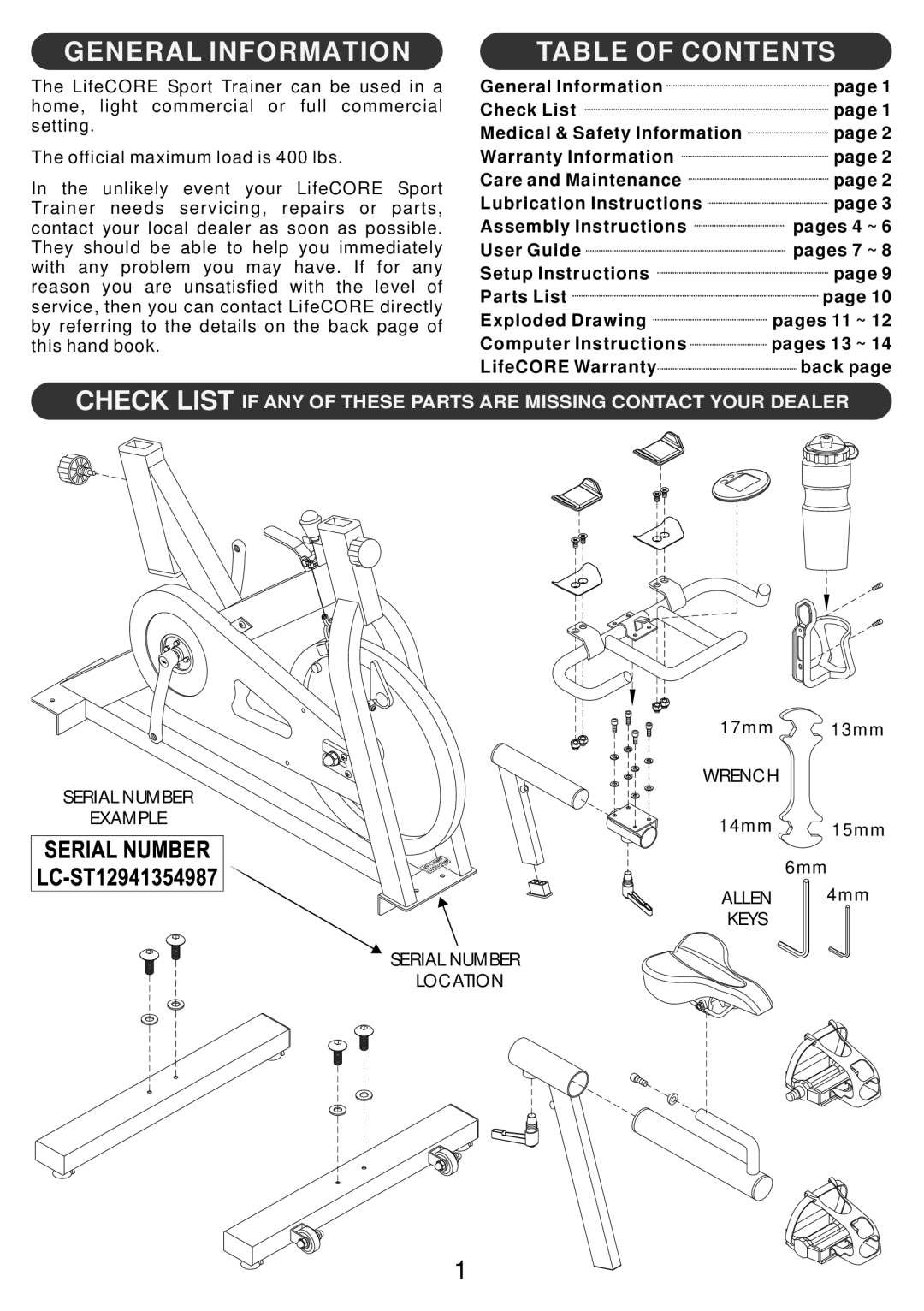 LifeCore Fitness LC-ST manual General Information Table of Contents 