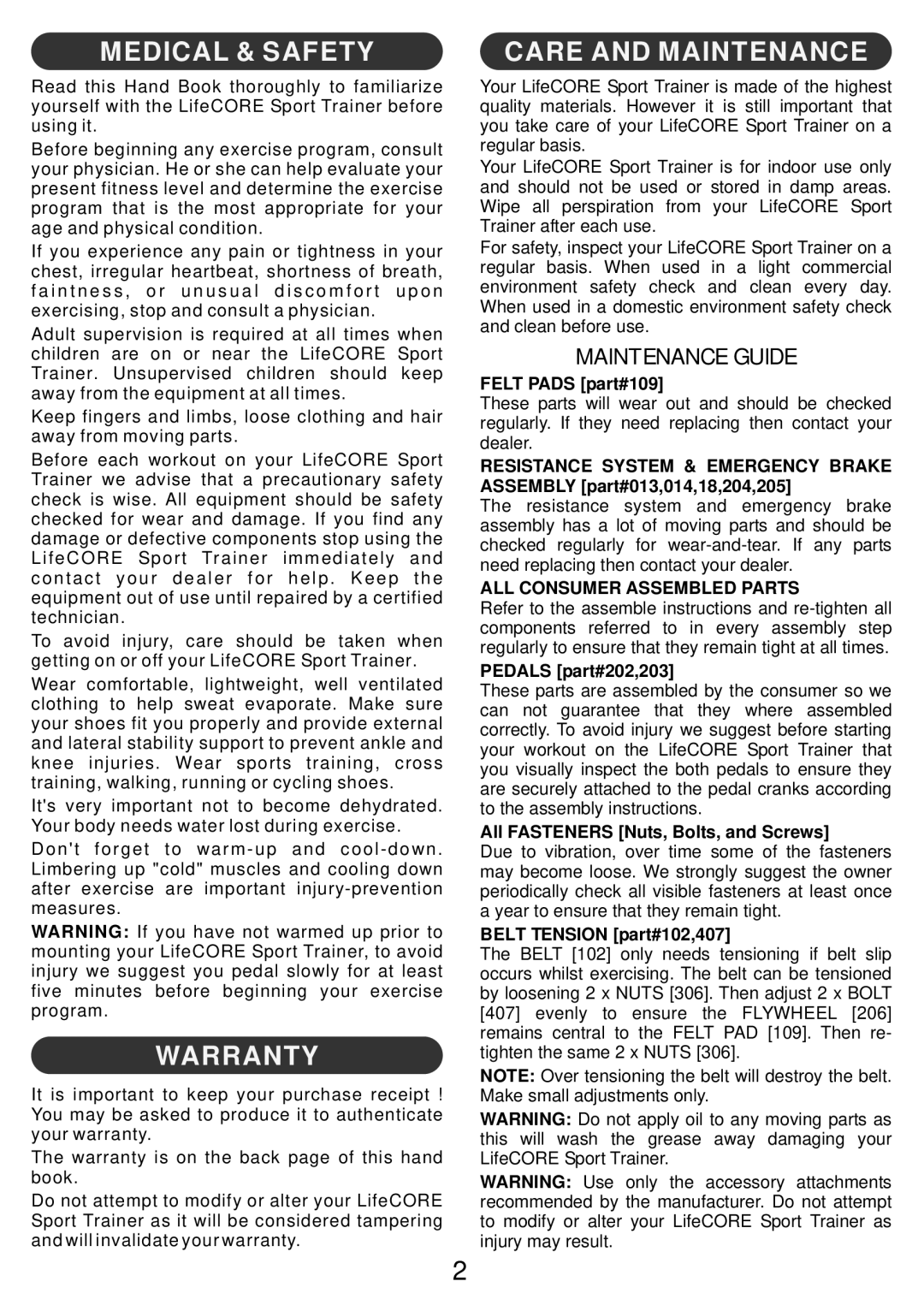 LifeCore Fitness LC-ST manual Medical & Safety, Warranty, Care and Maintenance, Maintenance Guide 