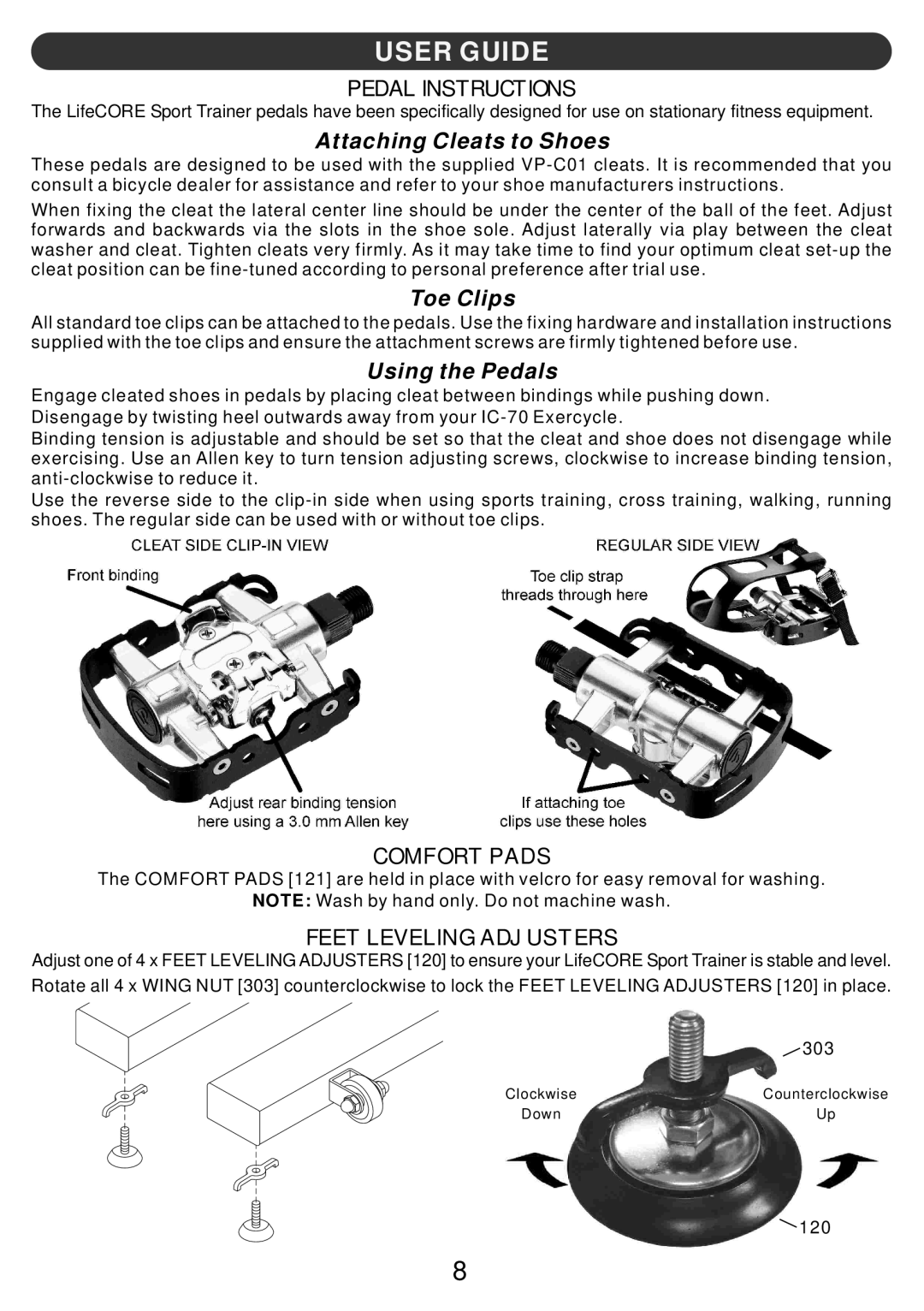 LifeCore Fitness LC-ST manual Pedal Instructions, Comfort Pads, Feet Leveling Adjusters 