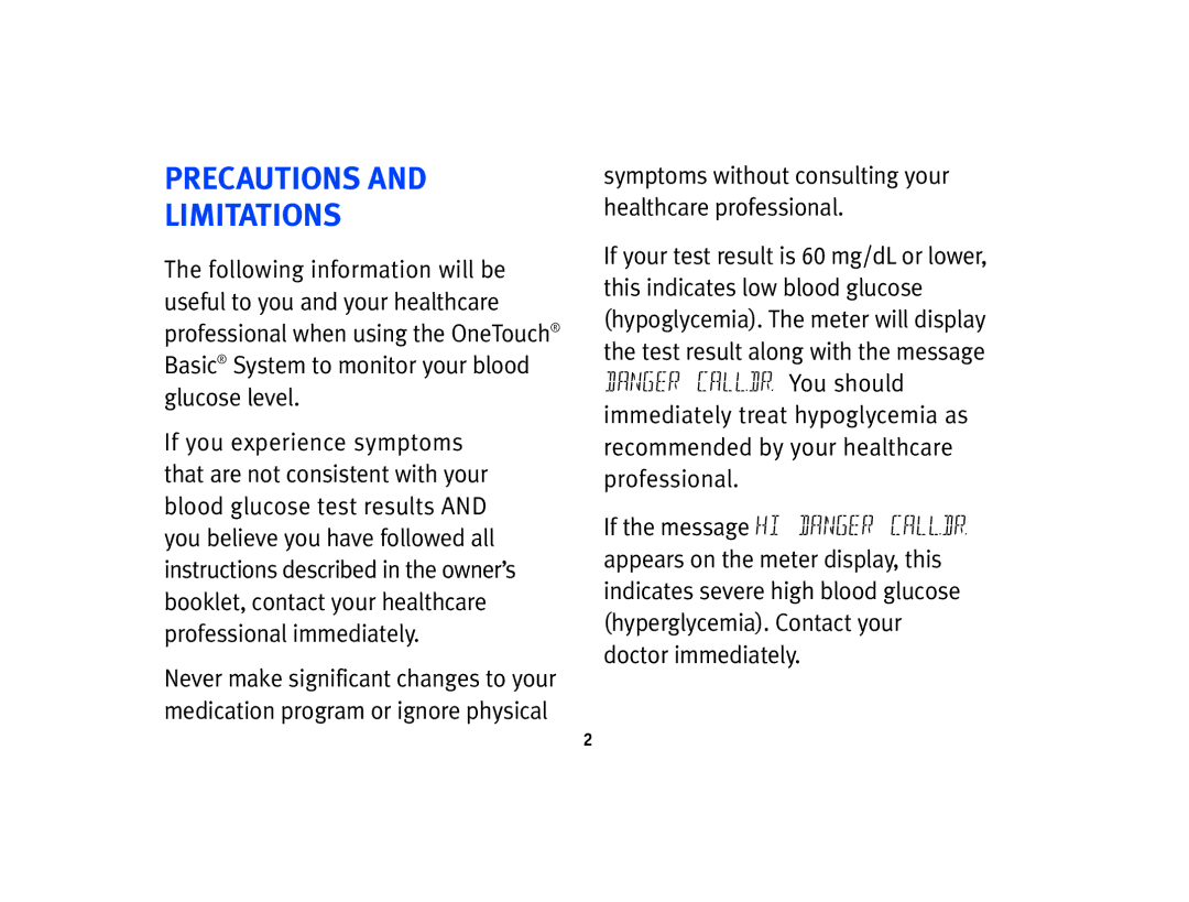 Lifescan Basic Blood Glucose Monitoring System manual Precautions Limitations 