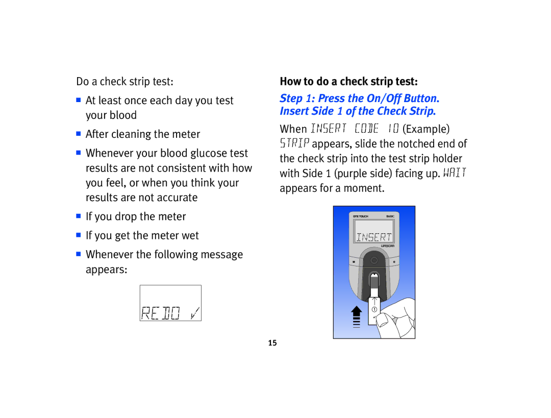 Lifescan Basic Blood Glucose Monitoring System manual How to do a check strip test 