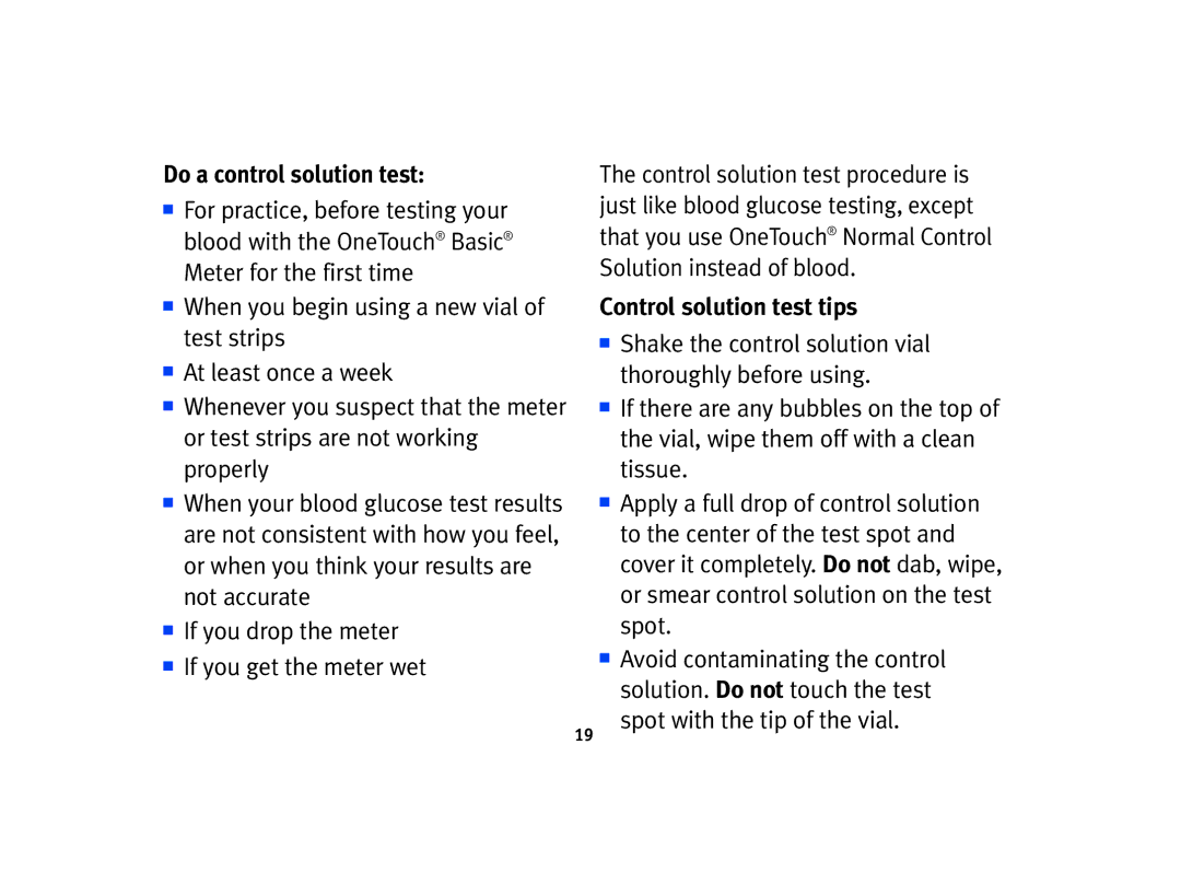 Lifescan Basic Blood Glucose Monitoring System manual Do a control solution test, Control solution test tips 