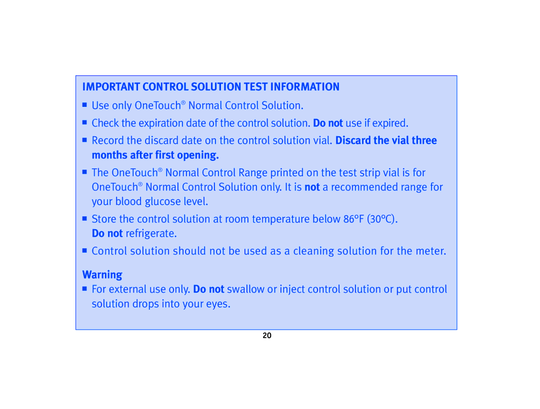 Lifescan Basic Blood Glucose Monitoring System manual Important Control Solution Test Information 