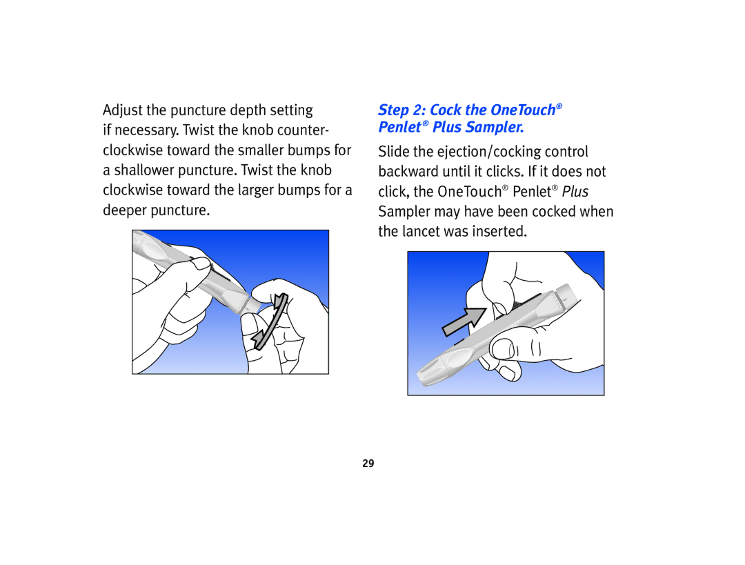 Lifescan Basic Blood Glucose Monitoring System Adjust the puncture depth setting, Cock the OneTouch Penlet Plus Sampler 