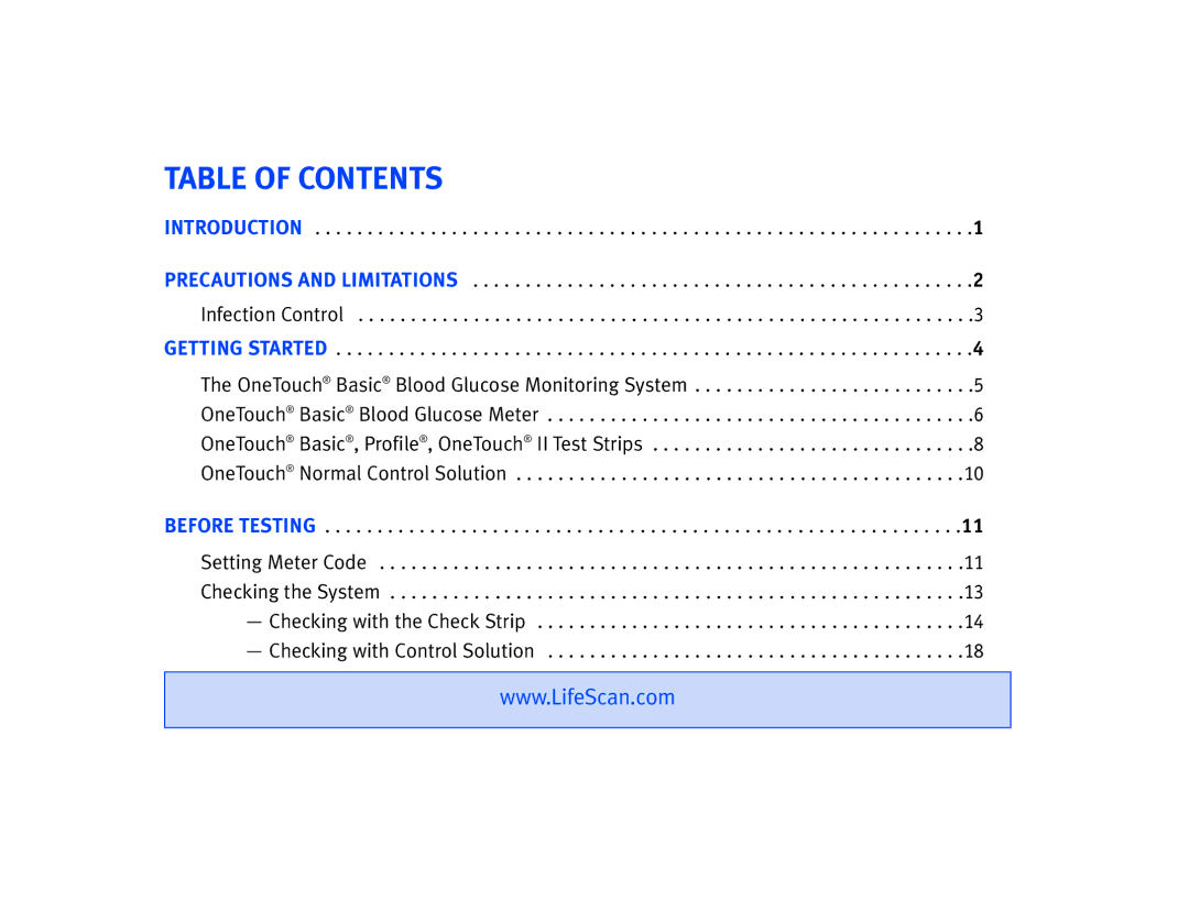 Lifescan Basic Blood Glucose Monitoring System manual Table of Contents 