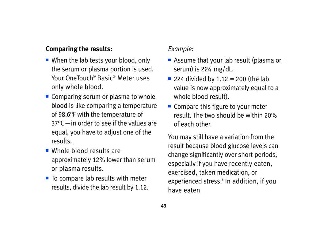 Lifescan Basic Blood Glucose Monitoring System manual Comparing the results, Example 