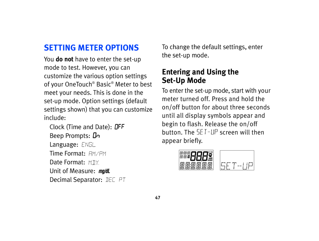 Lifescan Basic Blood Glucose Monitoring System manual Setting Meter Options, Entering and Using Set-Up Mode 