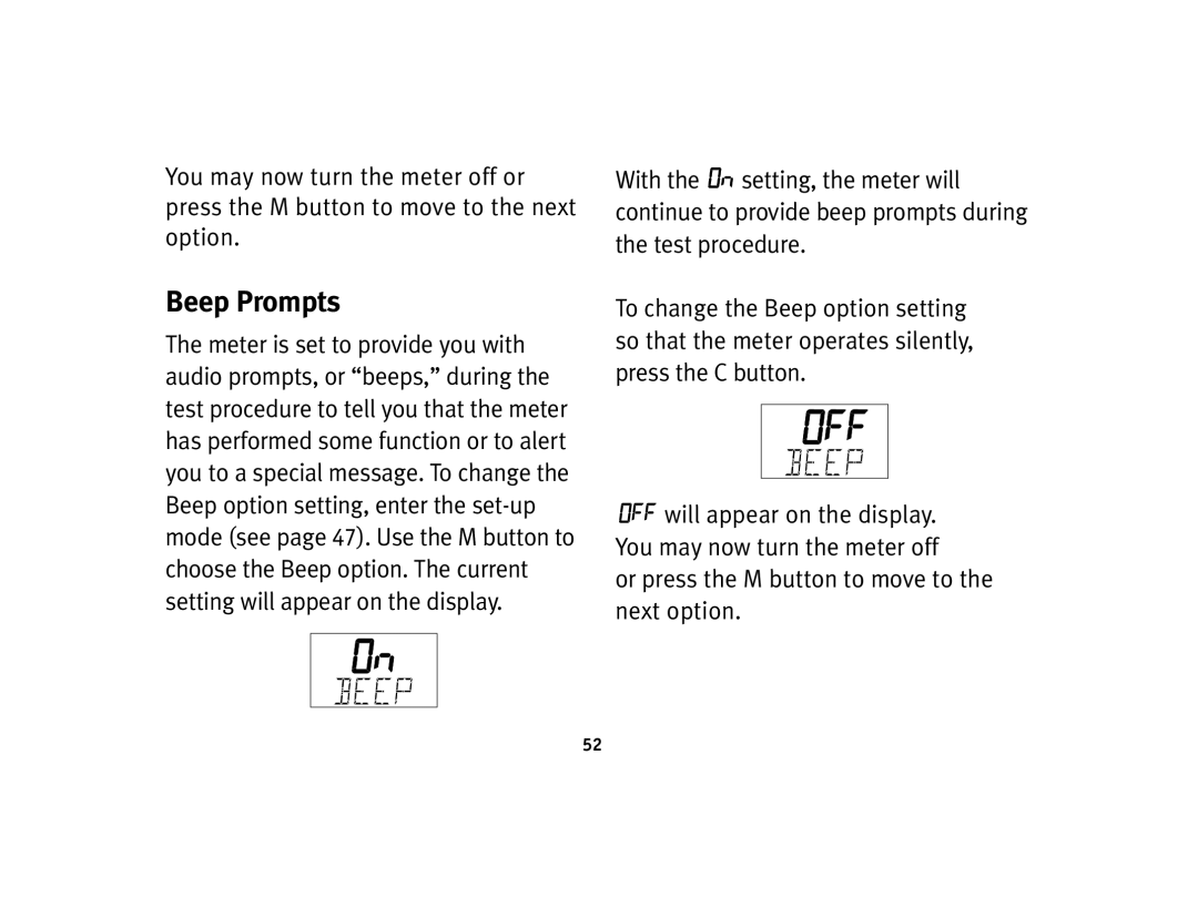 Lifescan Basic Blood Glucose Monitoring System manual Beep Prompts, Or press the M button to move to the next option 