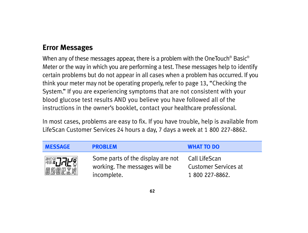 Lifescan Basic Blood Glucose Monitoring System manual Error Messages 