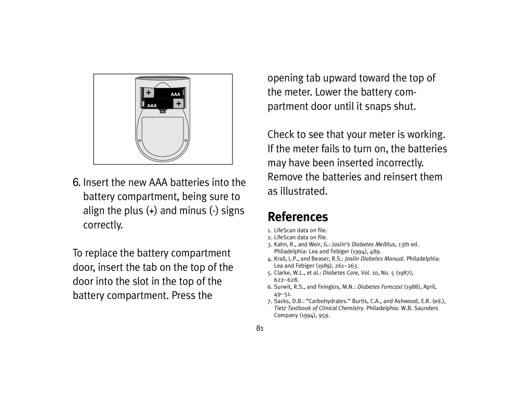 Lifescan Basic Blood Glucose Monitoring System manual References, Remove the batteries and reinsert them as illustrated 