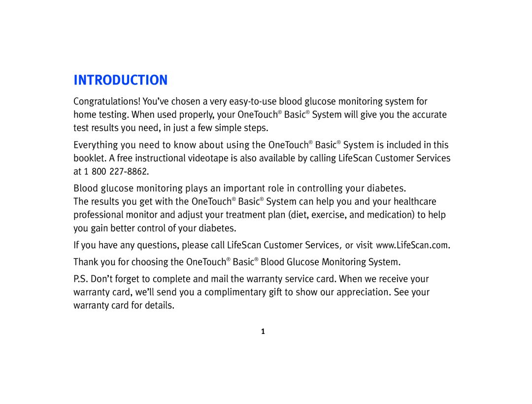 Lifescan Basic Blood Glucose Monitoring System manual Introduction 