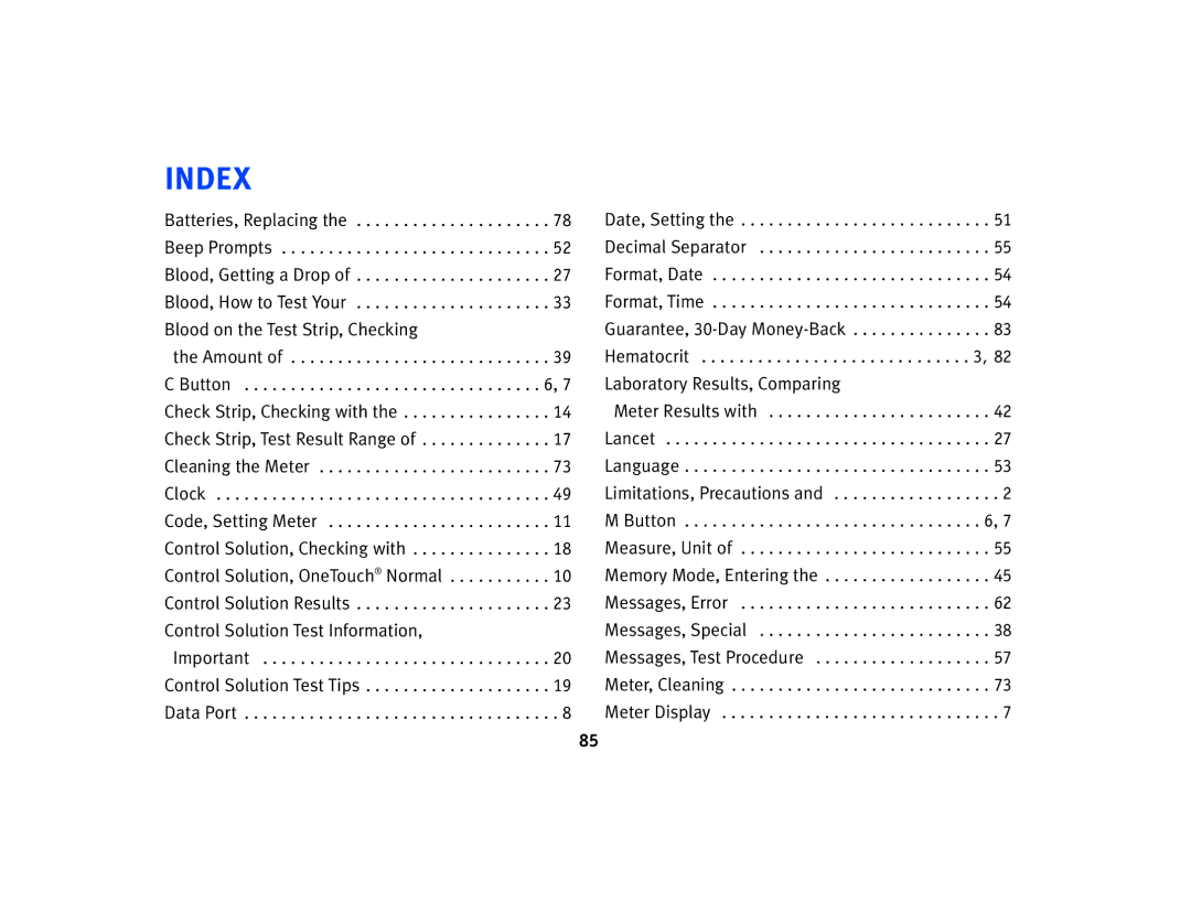 Lifescan Basic Blood Glucose Monitoring System manual Index 