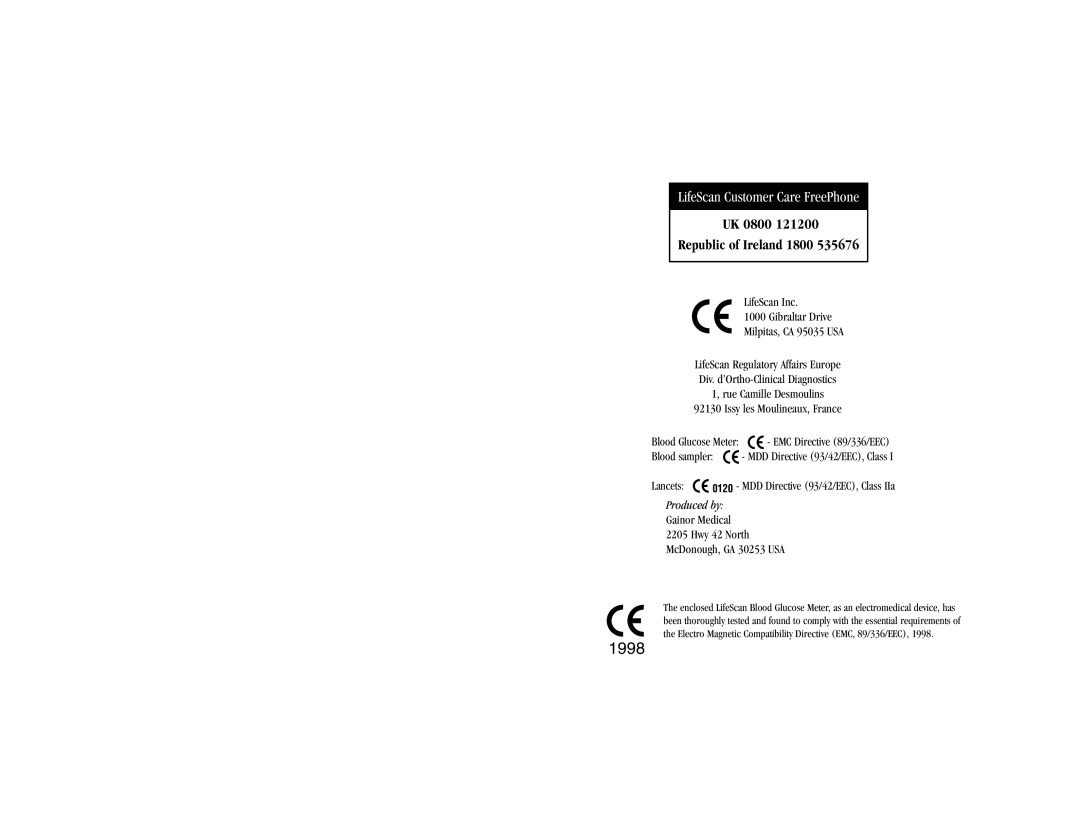 Lifescan Blood Glucose Monitor System manual 1998 