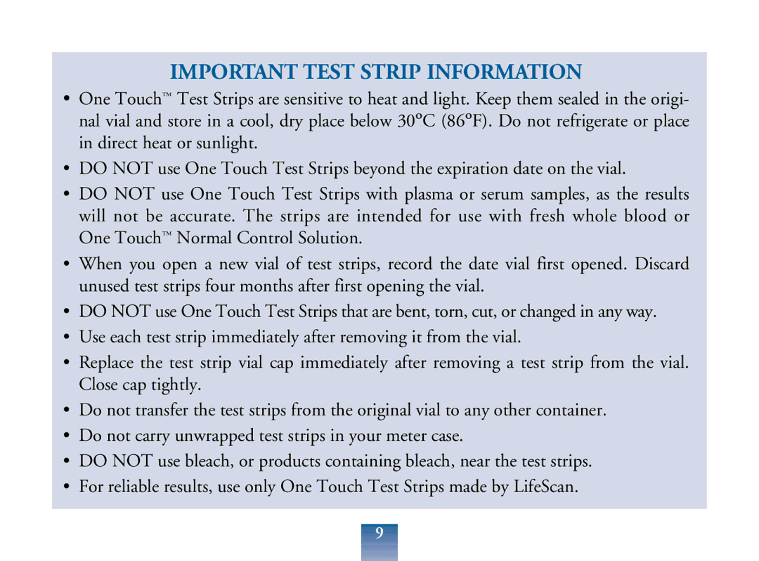 Lifescan Blood Glucose Monitor manual Important Test Strip Information 