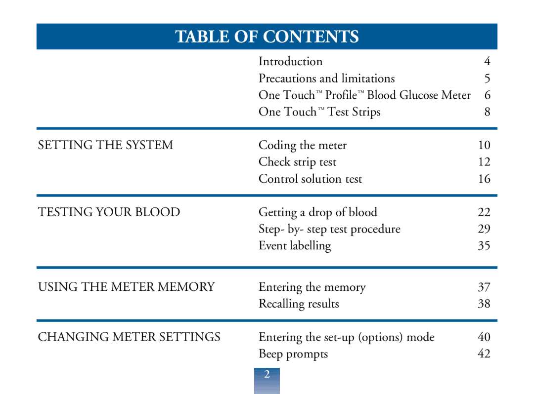 Lifescan Blood Glucose Monitor manual Table of Contents 