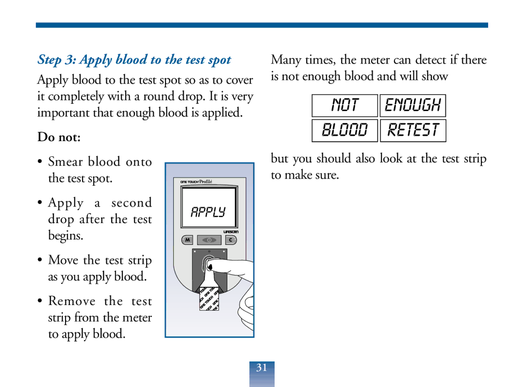 Lifescan Blood Glucose Monitor manual Not Enough Blood Retest, Apply blood to the test spot 