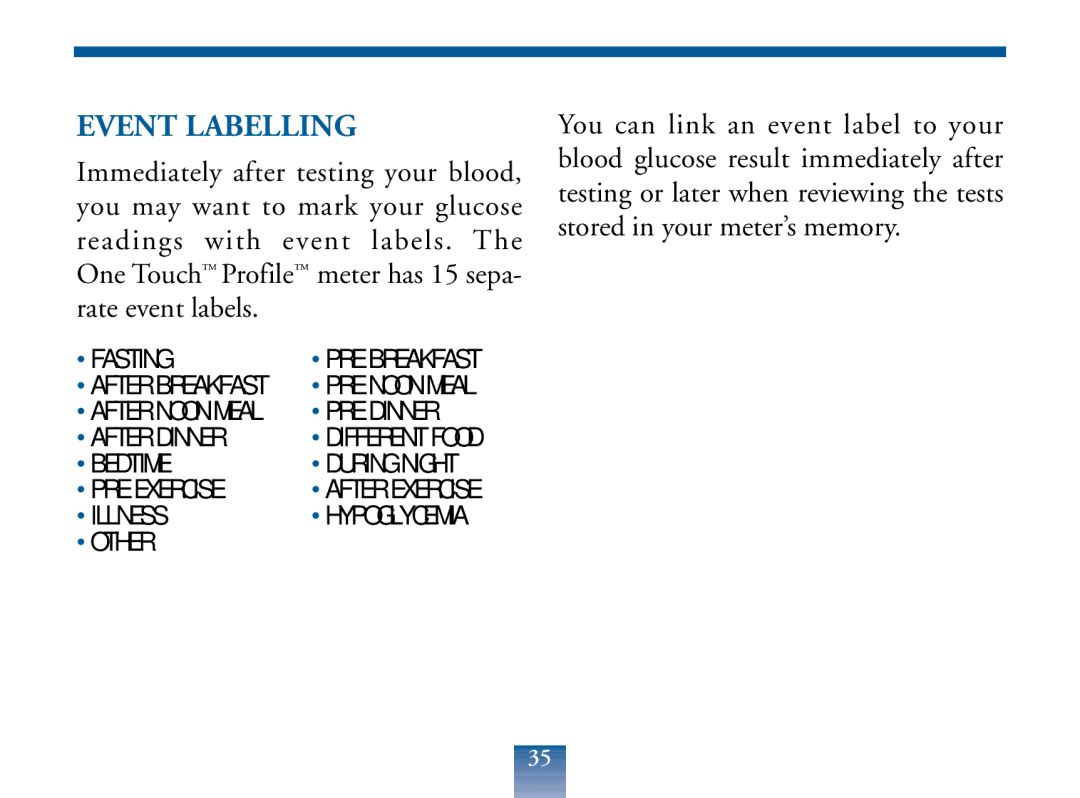 Lifescan Blood Glucose Monitor manual Event Labelling 