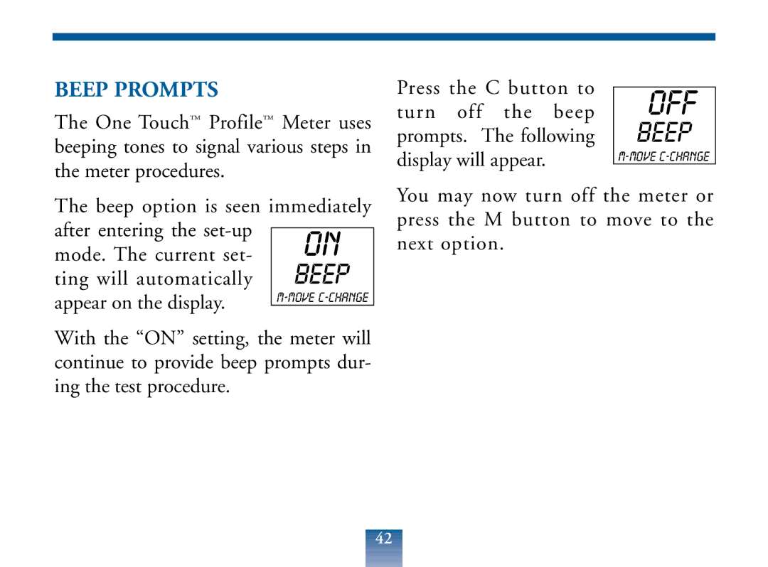 Lifescan Blood Glucose Monitor manual Off, Beep Prompts 