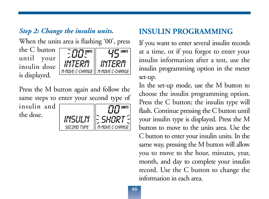 Lifescan Blood Glucose Monitor manual Insulin Programming, Change the insulin units 