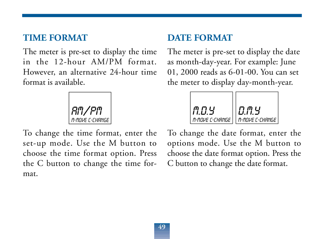 Lifescan Blood Glucose Monitor manual Time Format, Date Format 