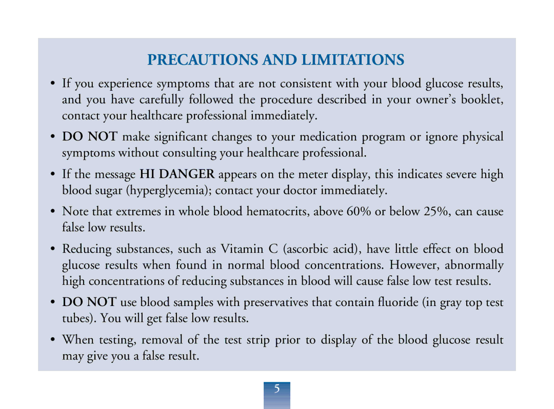 Lifescan Blood Glucose Monitor manual Precautions and Limitations 