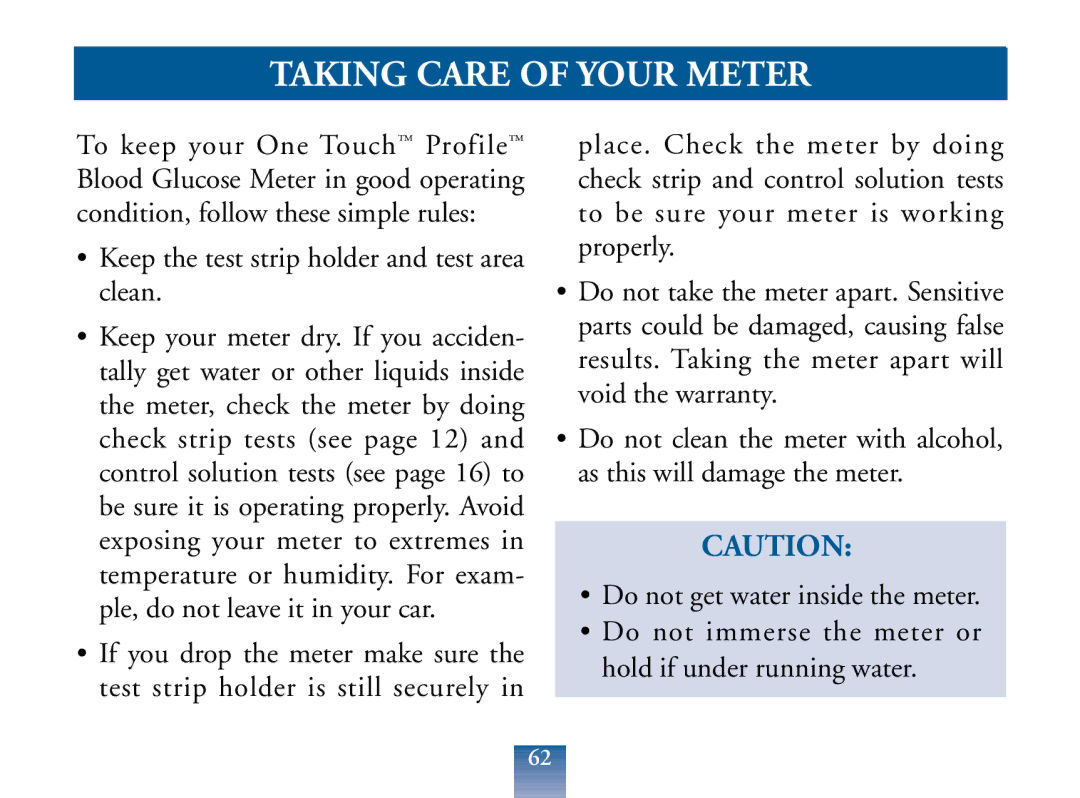 Lifescan Blood Glucose Monitor manual Taking Care of Your Meter 