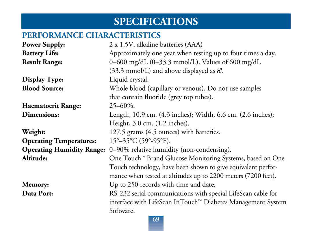 Lifescan Blood Glucose Monitor manual Specifications, Performance Characteristics 