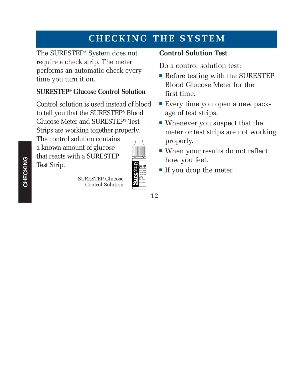 Lifescan blood glucose monitoring system manual E C K I N G T H E S Y S T E M, Surestep Glucose Control Solution 