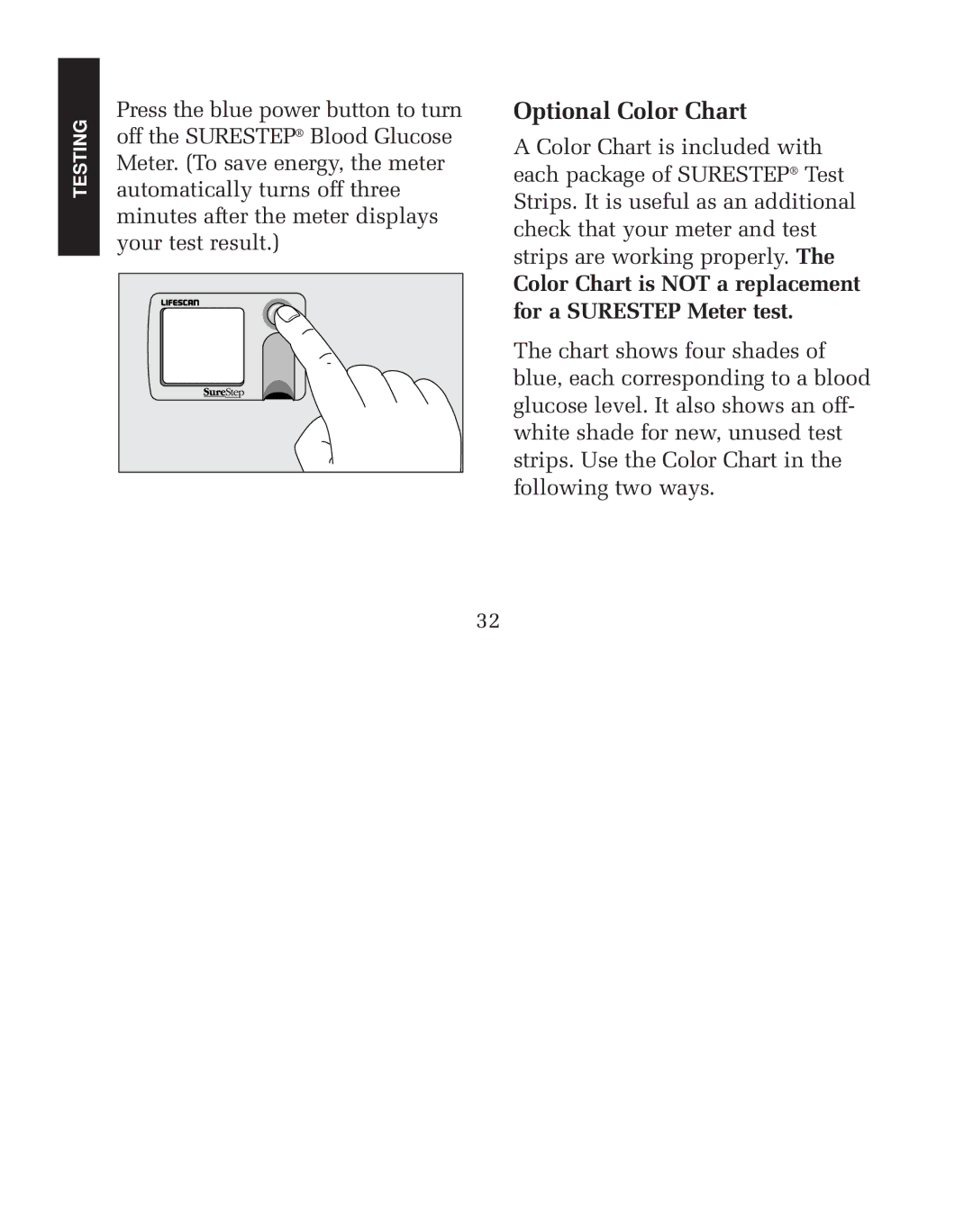 Lifescan blood glucose monitoring system Optional Color Chart, Color Chart is not a replacement for a Surestep Meter test 