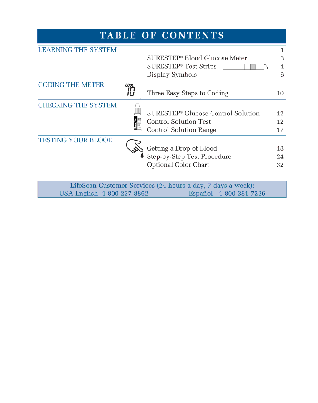 Lifescan blood glucose monitoring system manual Ta B L E O F C O N T E N T S, Checking the System 