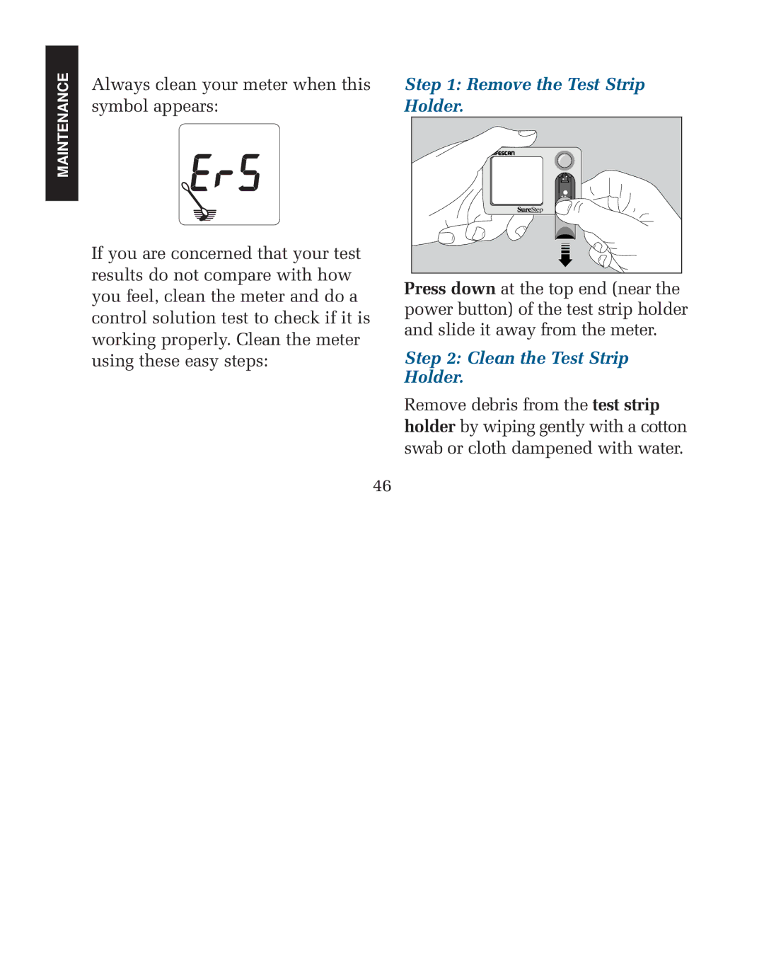 Lifescan blood glucose monitoring system manual Remove the Test Strip Holder, Clean the Test Strip Holder 