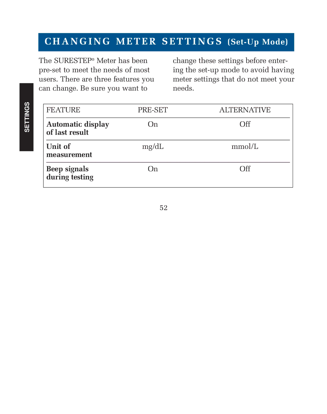 Lifescan blood glucose monitoring system manual A N G I N G M E T E R S E T T I N G S Set-Up Mode 