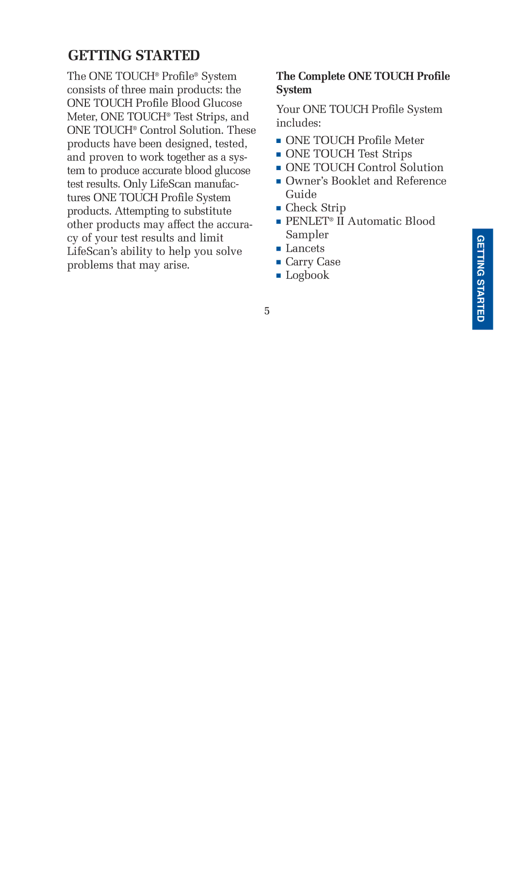 Lifescan blood glucose monitoring system manual Getting Started, Complete ONE Touch Profile System 