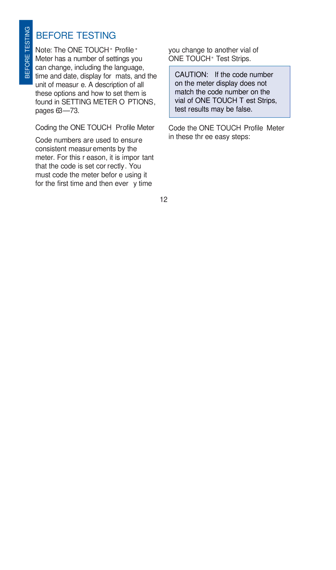 Lifescan blood glucose monitoring system manual Before Testing, Coding the ONE Touch Profile Meter 