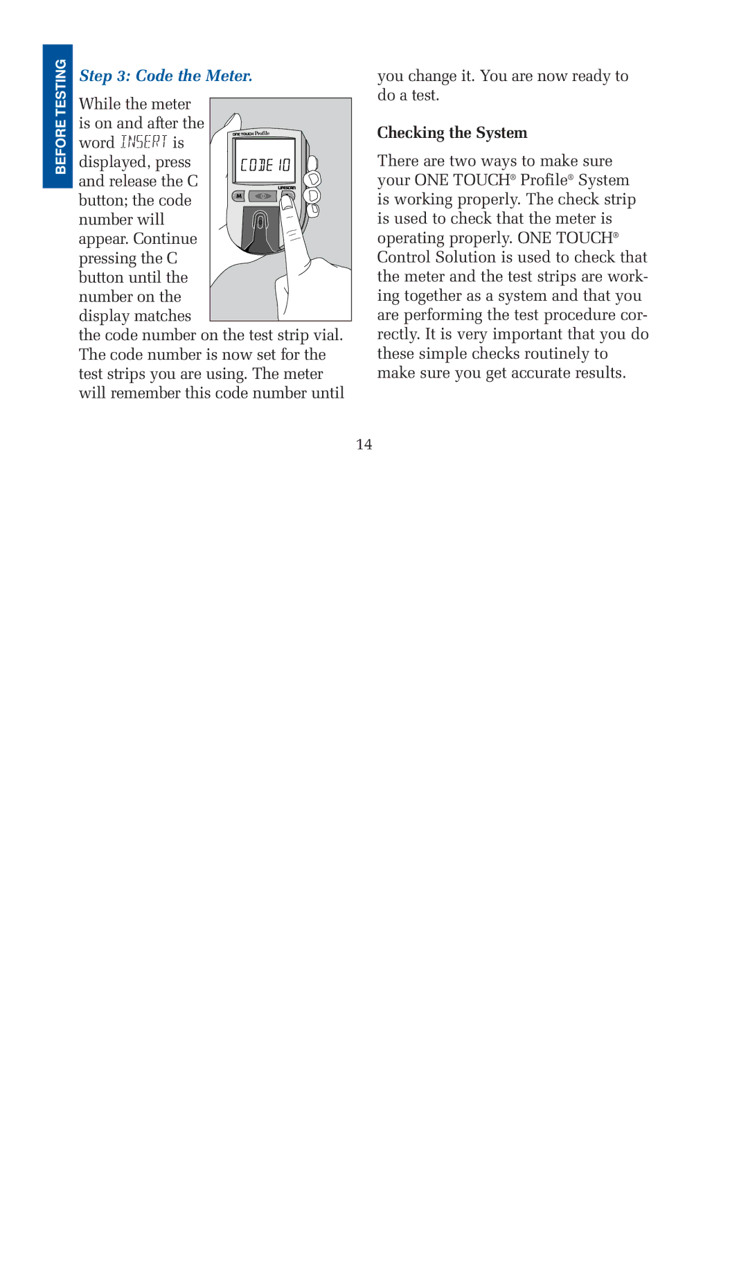 Lifescan blood glucose monitoring system manual Code the Meter, Checking the System 