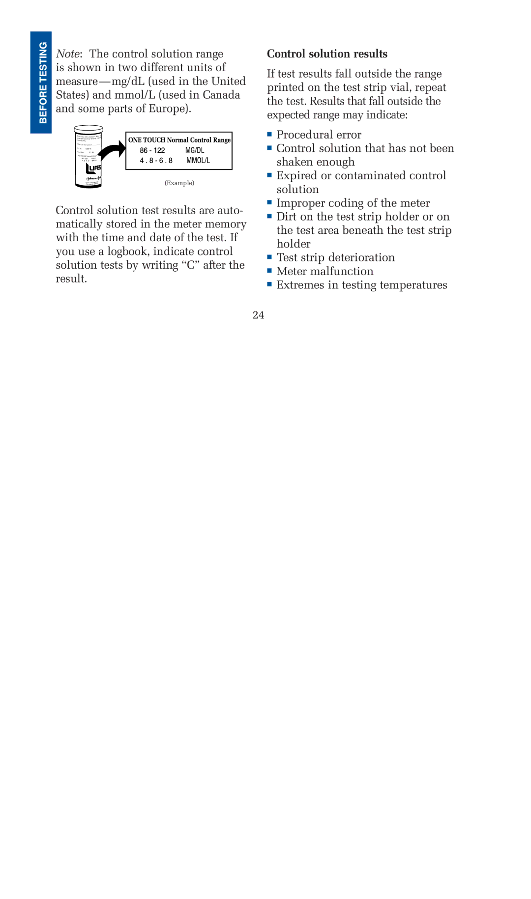 Lifescan blood glucose monitoring system manual Some parts of Europe, Control solution results 