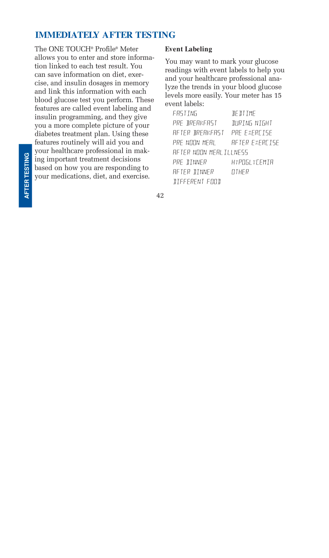 Lifescan blood glucose monitoring system manual Immediately After Testing, Event Labeling 