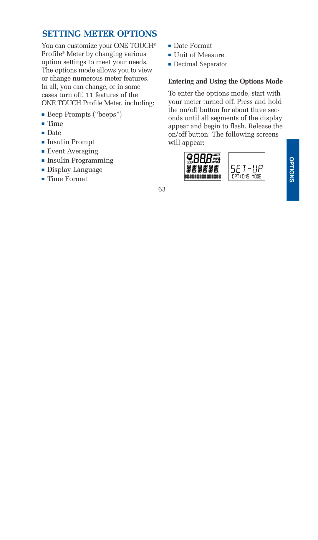 Lifescan blood glucose monitoring system manual Setting Meter Options, Entering and Using the Options Mode 