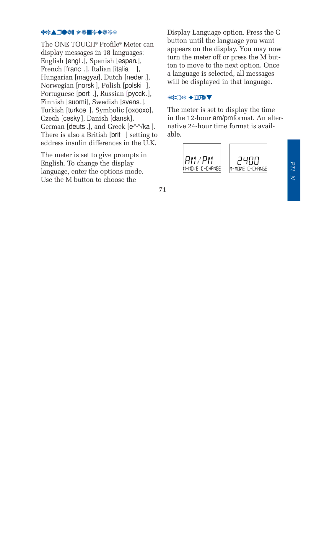 Lifescan blood glucose monitoring system manual Display Language 