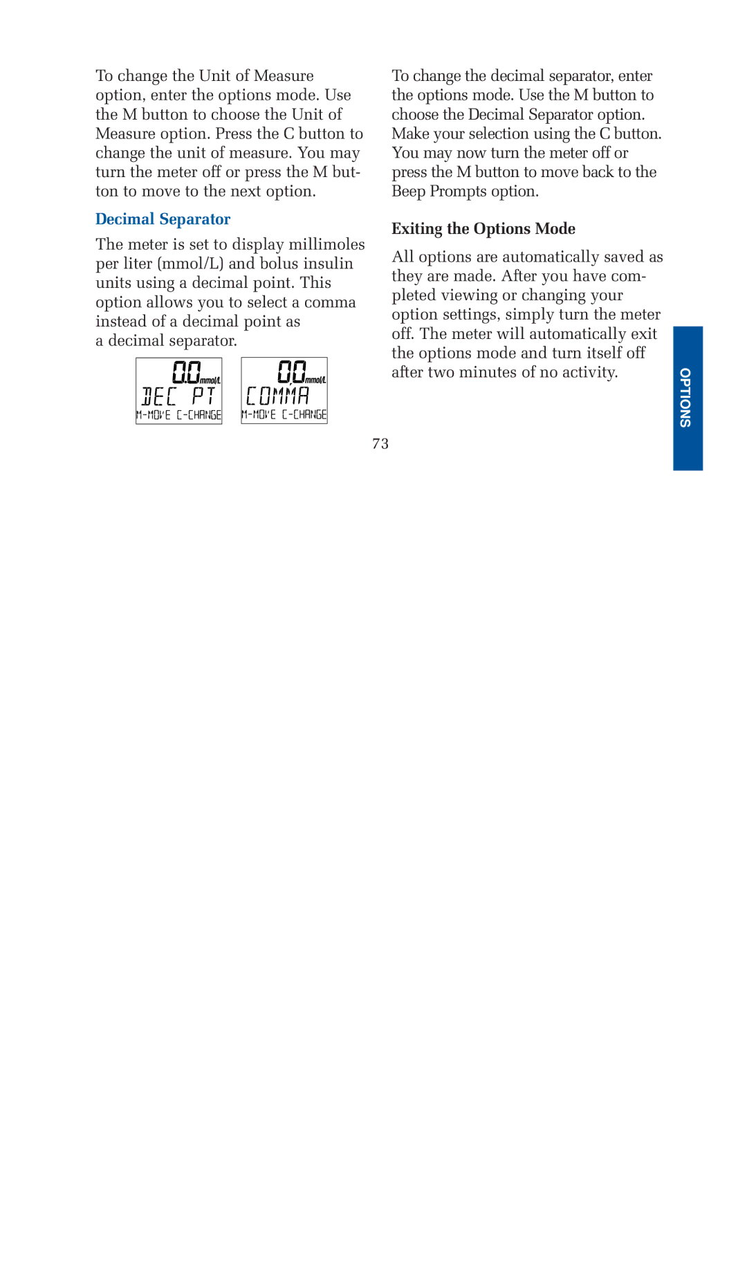 Lifescan blood glucose monitoring system manual Decimal Separator, Exiting the Options Mode 