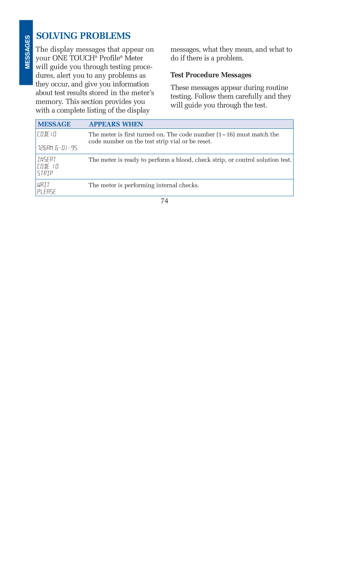 Lifescan blood glucose monitoring system manual Solving Problems, Test Procedure Messages 