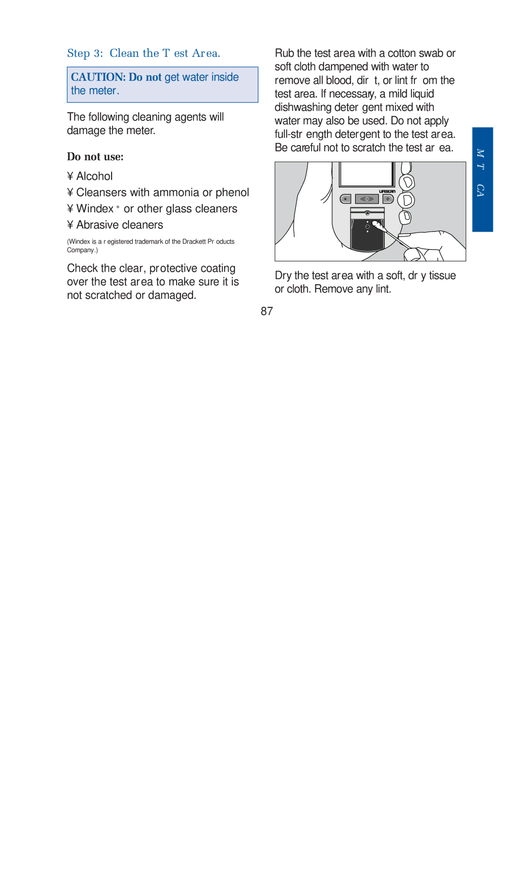 Lifescan blood glucose monitoring system manual Clean the Test Area, Do not use 