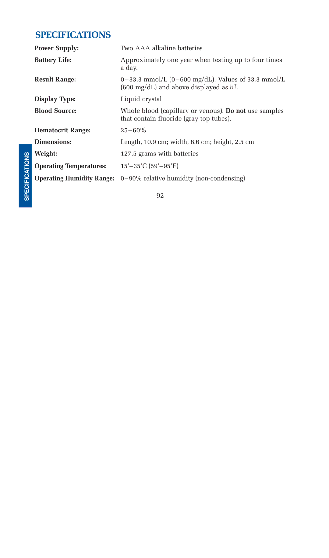 Lifescan blood glucose monitoring system manual Specifications 