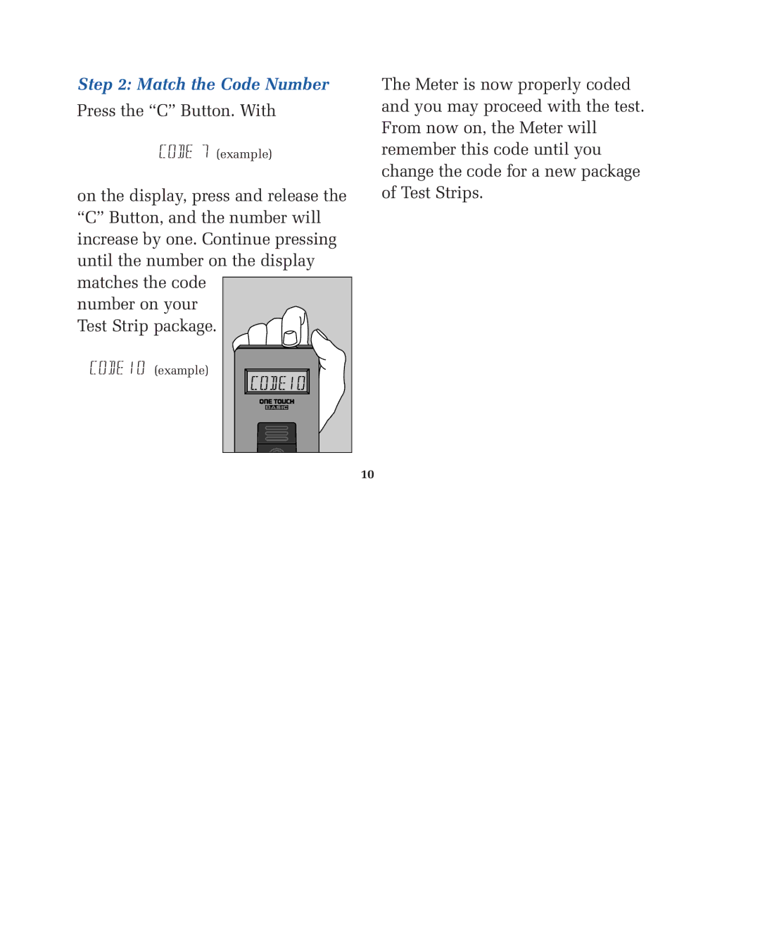 Lifescan blood glucose monitoring system manual Code10, Match the Code Number 