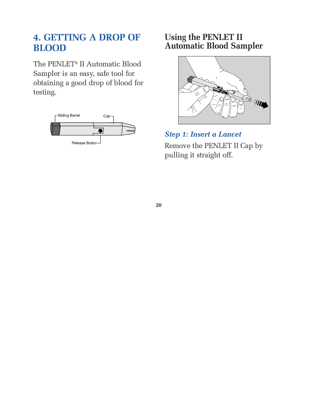 Lifescan blood glucose monitoring system manual Getting a Drop of Blood, Using the Penlet II Automatic Blood Sampler 