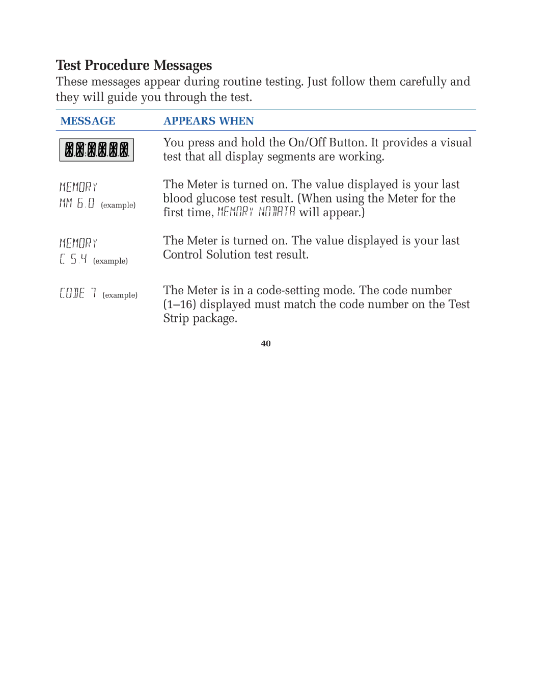 Lifescan blood glucose monitoring system manual Test Procedure Messages, Memory 