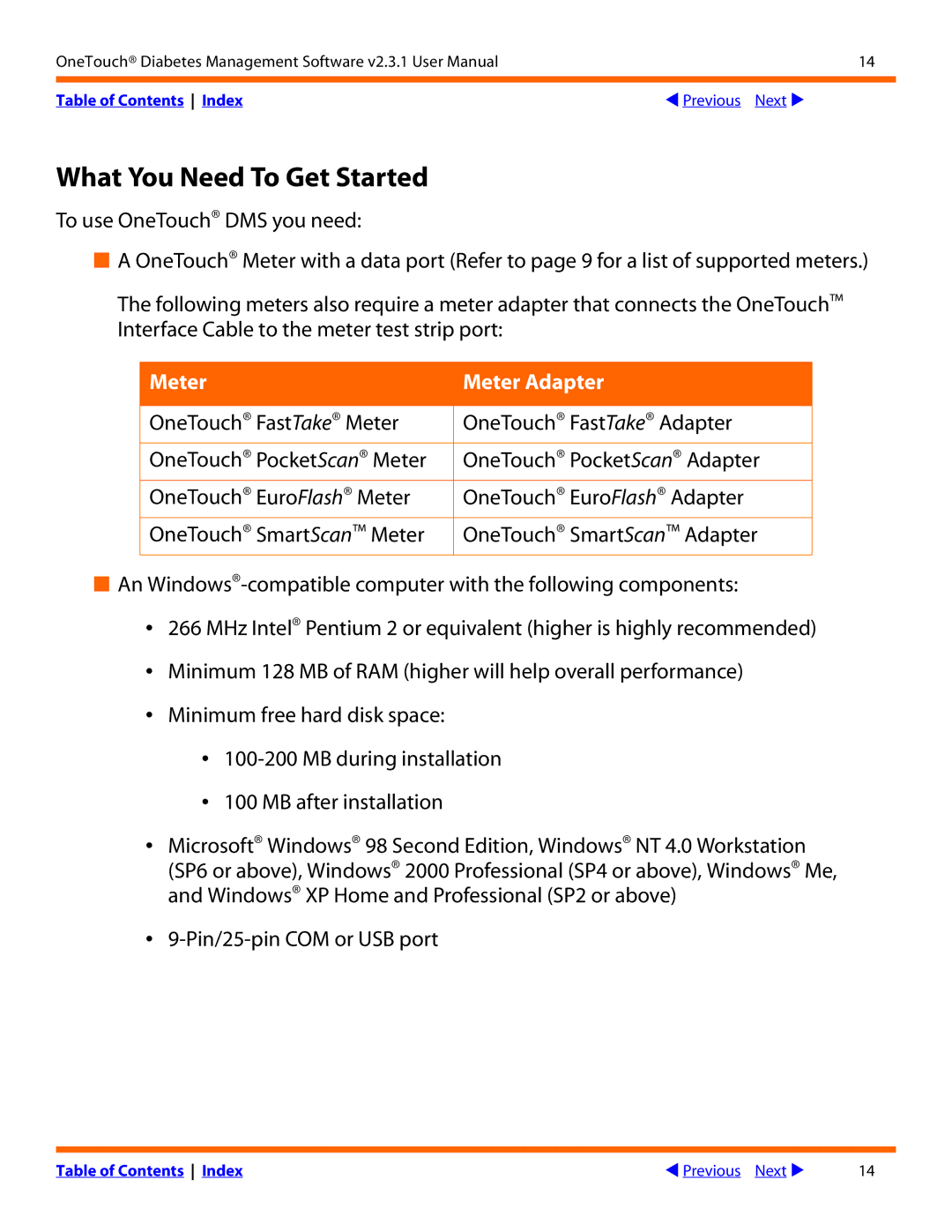 Lifescan Diabetes Management Software v2.3.1 manual What You Need To Get Started, Meter Meter Adapter 